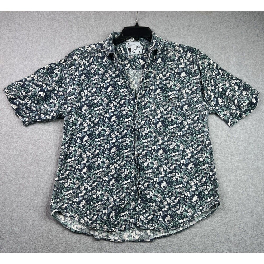 Vintage Goouch Mens Shirt Medium Blue Floral Short Sleeve Button Up Retro 90's